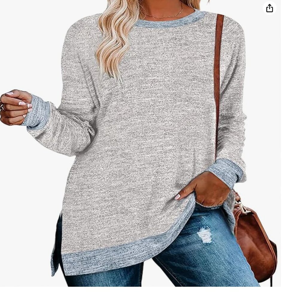 Women's Crewneck Pullovers Color Block Long Sleeve Side Split Tunic